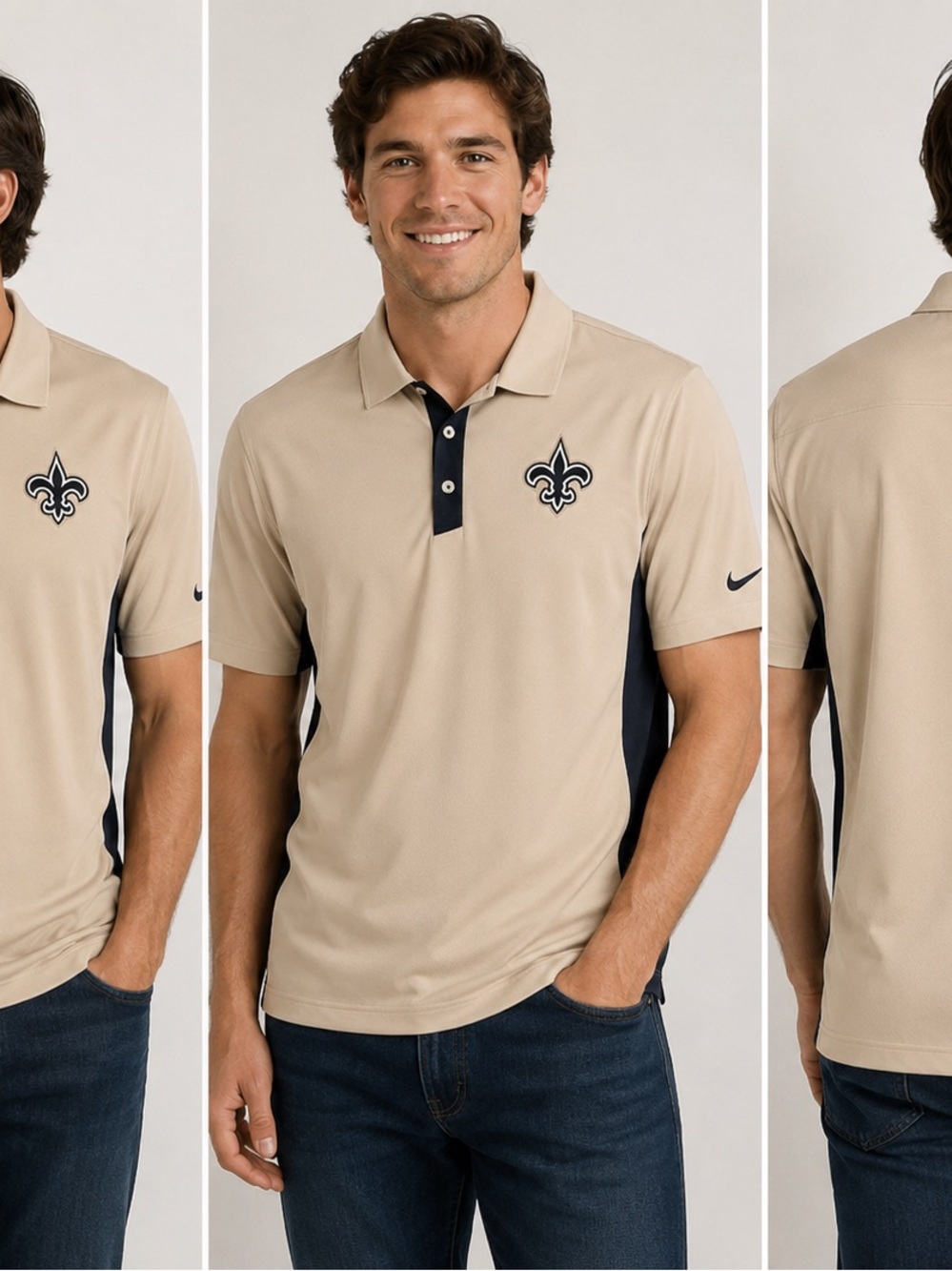 Nike Men's Tan Polo with Navy Trim and Team Fleur-de-lis